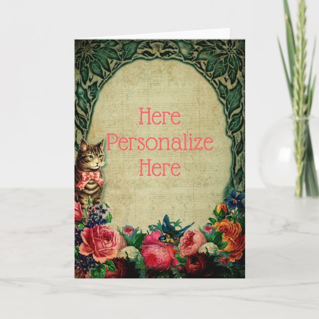 Viktorianische Katzenmusik Vintages grünes Button Karte (Vorderseite)