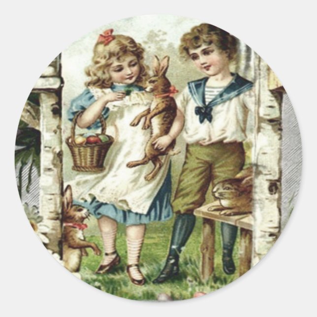 Viktorianische Kinder Ostern Bunny Chick Ei Birdho Runder Aufkleber (Vorderseite)