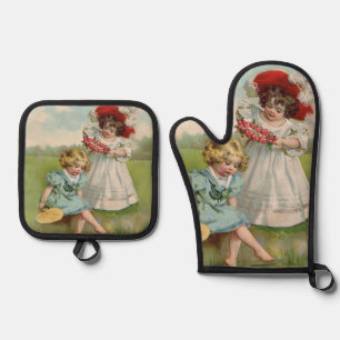 Viktorianische Kinder Uralter Sommer Mädchen Garte Ofenhandschuh & Topflappen-Set