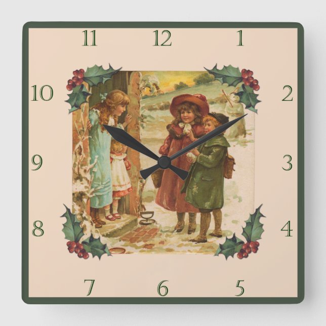 Viktorianische Kinder Weihnachten Break Square Wal Quadratische Wanduhr (Vorderseite)