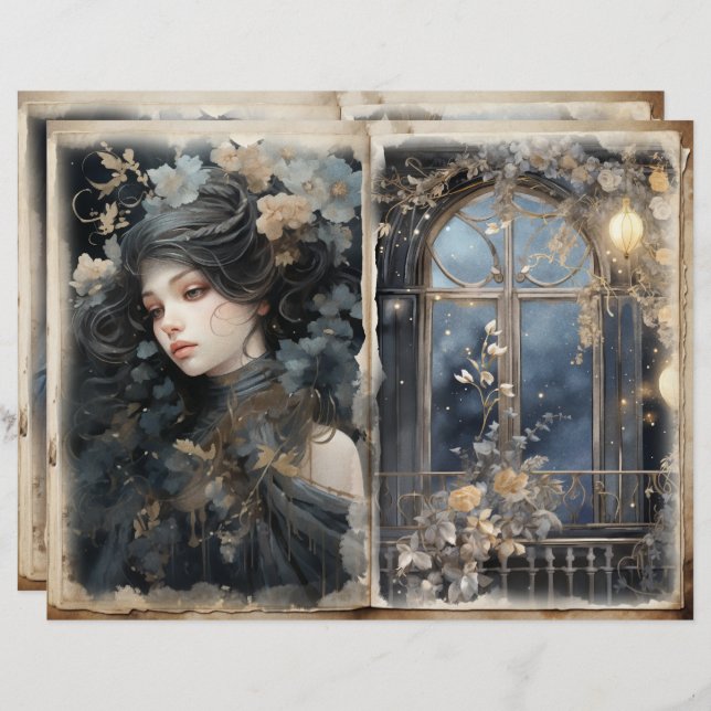 Viktorianische Lady Balcony Blue Junk Journal-Seit (Vorne/Hinten)