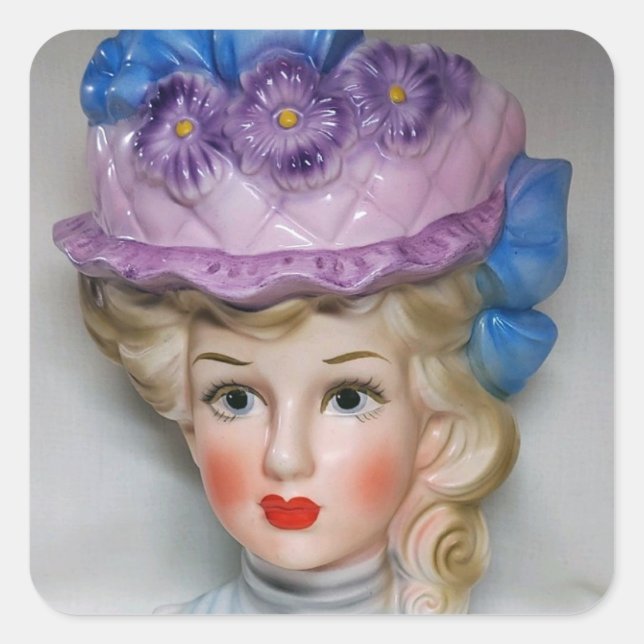 Viktorianische Lady Head Vase Pink & Lila Blumenha Quadratischer Aufkleber (Vorderseite)
