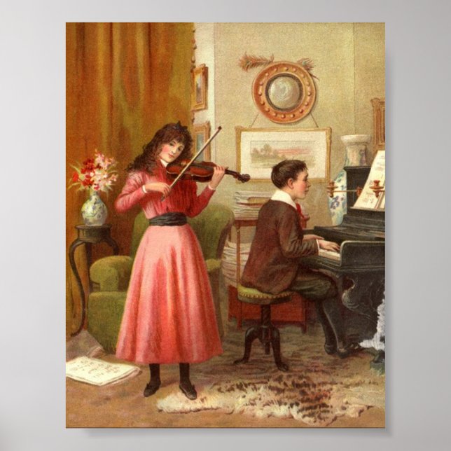 Viktorianische Lady Man spielt Geige Klavier Kunst Poster (Vorne)