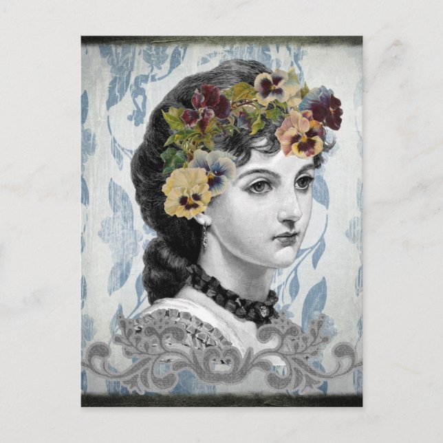 Viktorianische Lady Woman Stiefmütterchen auf Band Postkarte (Vorderseite)