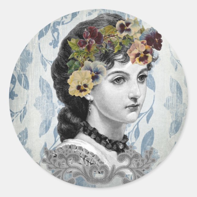 Viktorianische Lady Woman Stiefmütterchen auf Band Runder Aufkleber (Vorderseite)