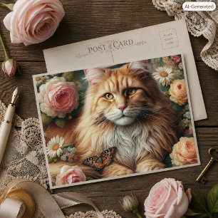 Viktorianische Maine-Coon-Katze mit rosa Rosen Postkarte