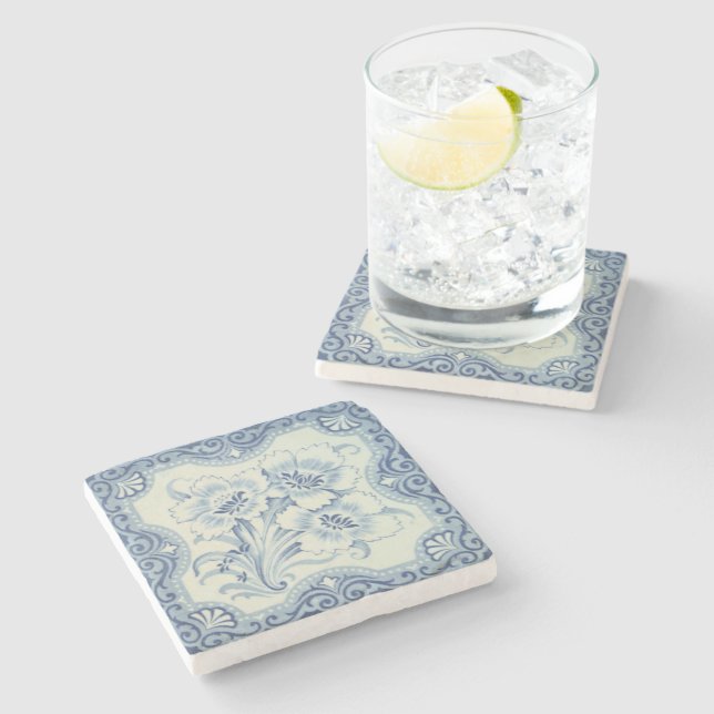 Viktorianische Majolika Antike Blauer und Weiße Bl Steinuntersetzer (Seitenansicht)