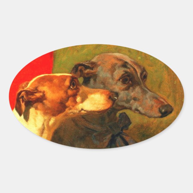 VIKTORIANISCHE MINIATURE HUNDE PORTRAS Greyhounds Ovaler Aufkleber (Vorderseite)