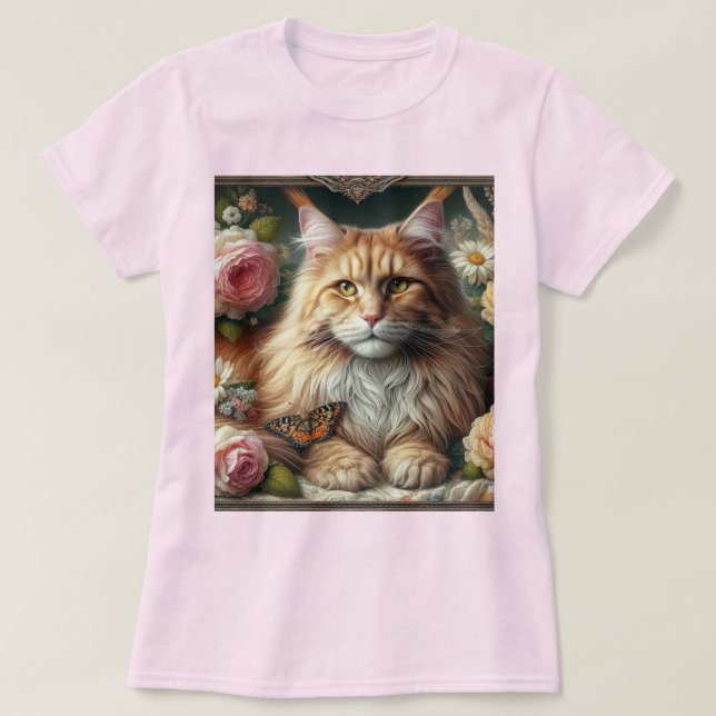 Viktorianische Orange Maine Coon Cat mit rosa Rose T-Shirt (Design vorne)