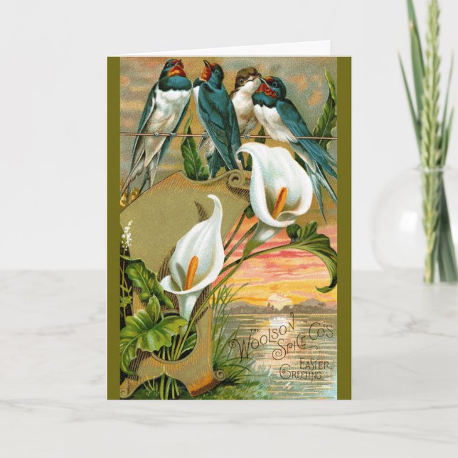 Viktorianische Ostern-Karte - Lilien und Schwalben Karte (Vorderseite)