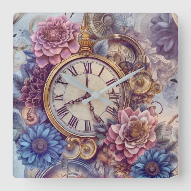 Viktorianische Pastell-Steampunk-Wall-Uhr Quadratische Wanduhr (Vorderseite)