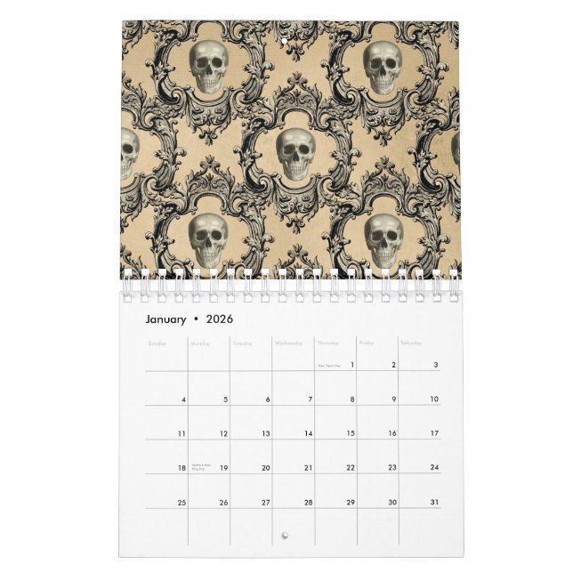 Viktorianische Rahmenskullen Gothic Skelett Kalender (Jan 2026)