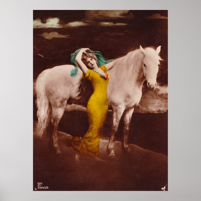 Viktorianische Romantik-Girl mit Weißer Stallion Poster (Vorne)