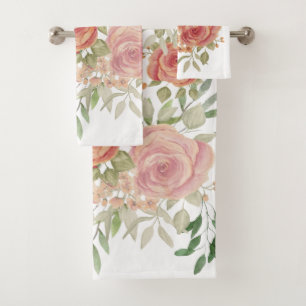 Viktorianische Rosa Rosen Aquarellkunst Badhandtuch Set