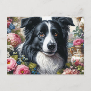 Viktorianische rosa Rosen Border Collie Postkarte