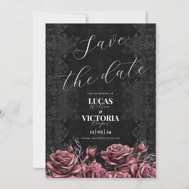 Viktorianische rosa Rosen Gothic Wedding Save the  Einladung (Vorderseite)