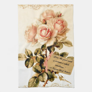 Viktorianische rosa Rosen mit motivierend Zitat Küchentuch