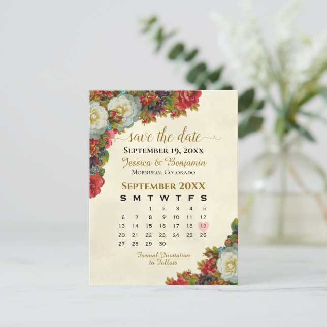 Viktorianische Rose, die den Datumskalender speich Ankündigungspostkarte (Stehend Vorderseite)