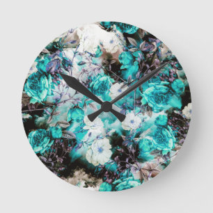 Viktorianische Rose Floral türkis aquamarin Schwar Runde Wanduhr