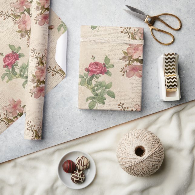 Viktorianische Rose und Text Ephemera Geschenkpapier (Kunsthandwerk)