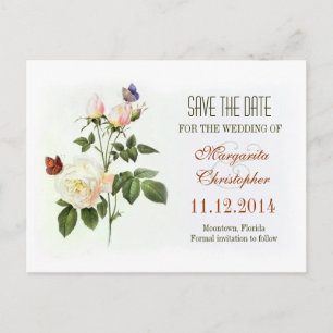 viktorianische Rose - weiße Save the Date Postkart Ankündigungspostkarte