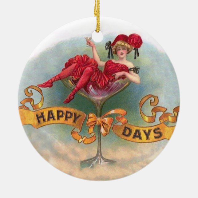 Viktorianische Rote Champagnerfrau Happy Keramik Ornament (Hinten)
