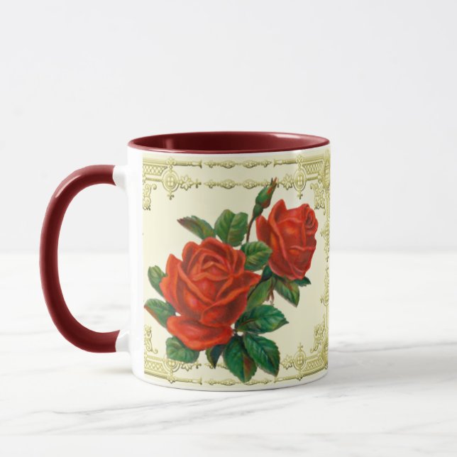 Viktorianische Rote Rosen Goldene Rahmen Kaffee Ta Tasse (Links)