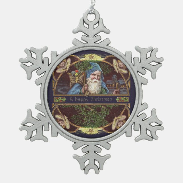 Viktorianische Santa Angels Weihnachtsantike Schneeflocken Zinn-Ornament (Vorderseite)
