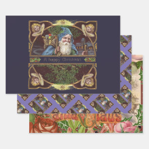 Viktorianische Santa Engel Blaue Weihnachten Vinta Geschenkpapier Set