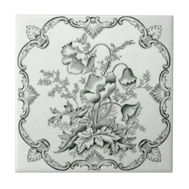 Viktorianische Schwarz-Weiß-Floral-Repro-Mauer Fliese (Vorderseite)