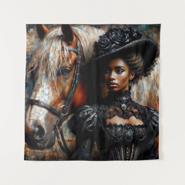Viktorianische schwarze Frau mit Pferd Wandteppich (Vorderseite)