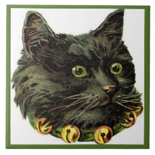 Viktorianische Schwarzkatze mit Glockenhalsband Fliese