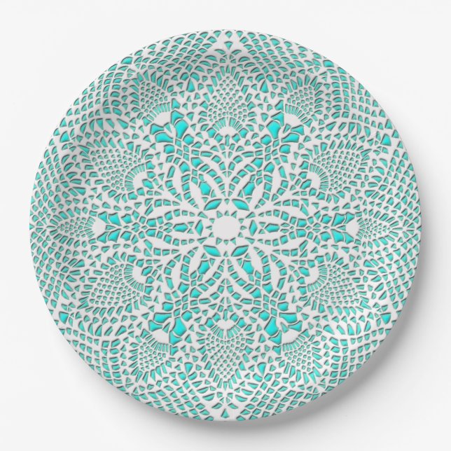 Viktorianische Spitze Doily Türkis Hintergrund Pappteller (Vorderseite)