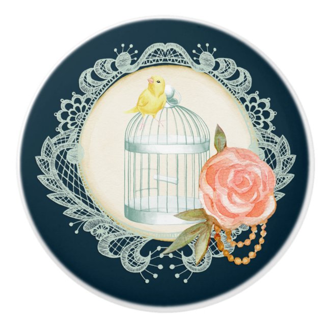 Viktorianische Spitzen-Rose Gold Birdcage Kanarien Keramikknauf (Vorderseite)