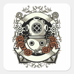 Viktorianische Steampunk tiefes Seetaucher-Rote Quadratischer Aufkleber