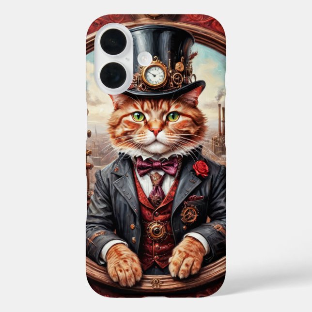 Viktorianische Steampunkkatze mit Top-Hutabdeckung iPhone 16 Hülle (Rückseite)