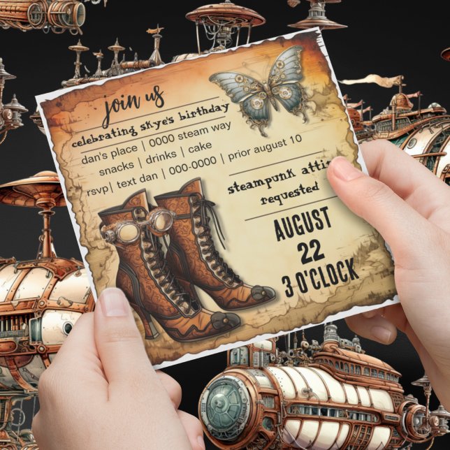 Viktorianische Stiefel | Steampunk Butterfly | Geb Einladung (Steampunk journey boots and steampunk butterfly on customizable party invitation for him or her. )