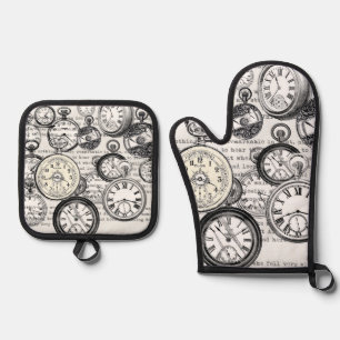Viktorianische Taschenuhr Collage Alice Wunderland Ofenhandschuh & Topflappen-Set