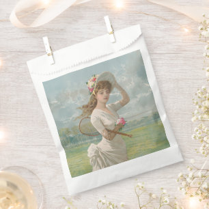 Viktorianische Tennisdame mit Blumenhut Antik Geschenktütchen