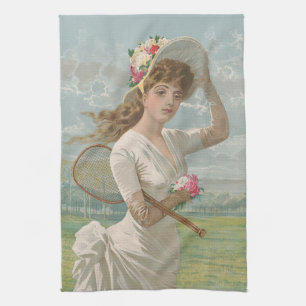 Viktorianische Tennisdame mit Blumenhut Antik Geschirrtuch