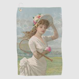 Viktorianische Tennisdame mit Blumenhut Antik Golfhandtuch