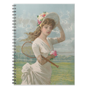 Viktorianische Tennisdame mit Blumenhut Antik Notizblock