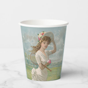 Viktorianische Tennisdame mit Blumenhut Antik Pappbecher
