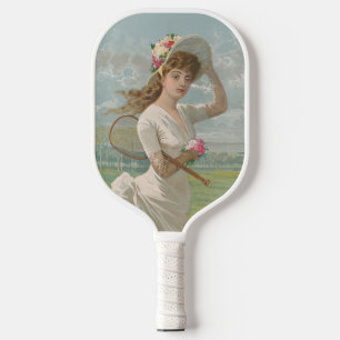 Viktorianische Tennisdame mit Blumenhut Antik Pickleball Schläger