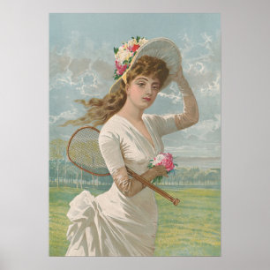 Viktorianische Tennisdame mit Blumenhut Antik Poster