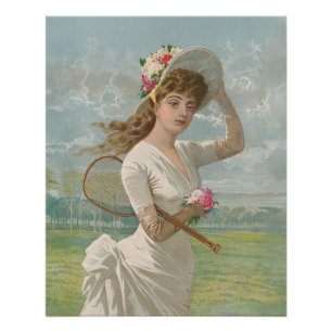 Viktorianische Tennisdame mit Blumenhut Antik Poster