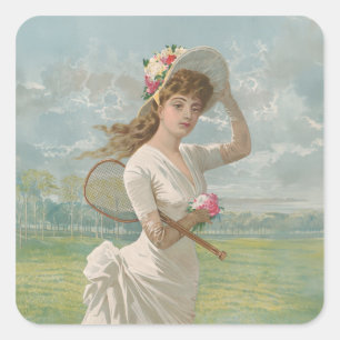 Viktorianische Tennisdame mit Blumenhut Antik Quadratischer Aufkleber