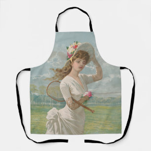 Viktorianische Tennisdame mit Blumenhut Antik Schürze