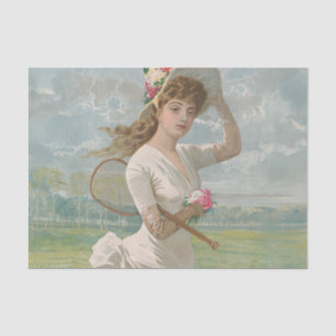 Viktorianische Tennisdame mit Blumenhut Antik Seidenpapier