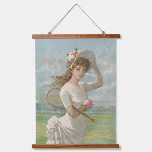 Viktorianische Tennisdame mit Blumenhut Antik Wandteppich Mit Holzrahmen